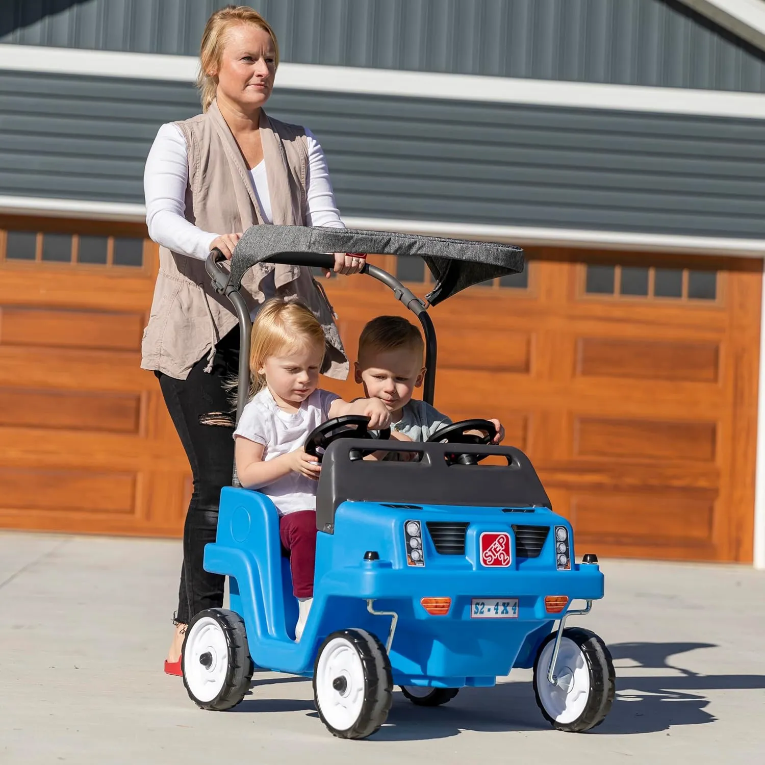 Step2 Side-by-Side Push Around SUV, Kids Push Car, 2 Seats, Stroller Substitute, Includes Seat Belts & Horns, Made of Durable Plastic, Max Weight 100 lbs., For Toddlers 1.5-5 Years Old, Blue