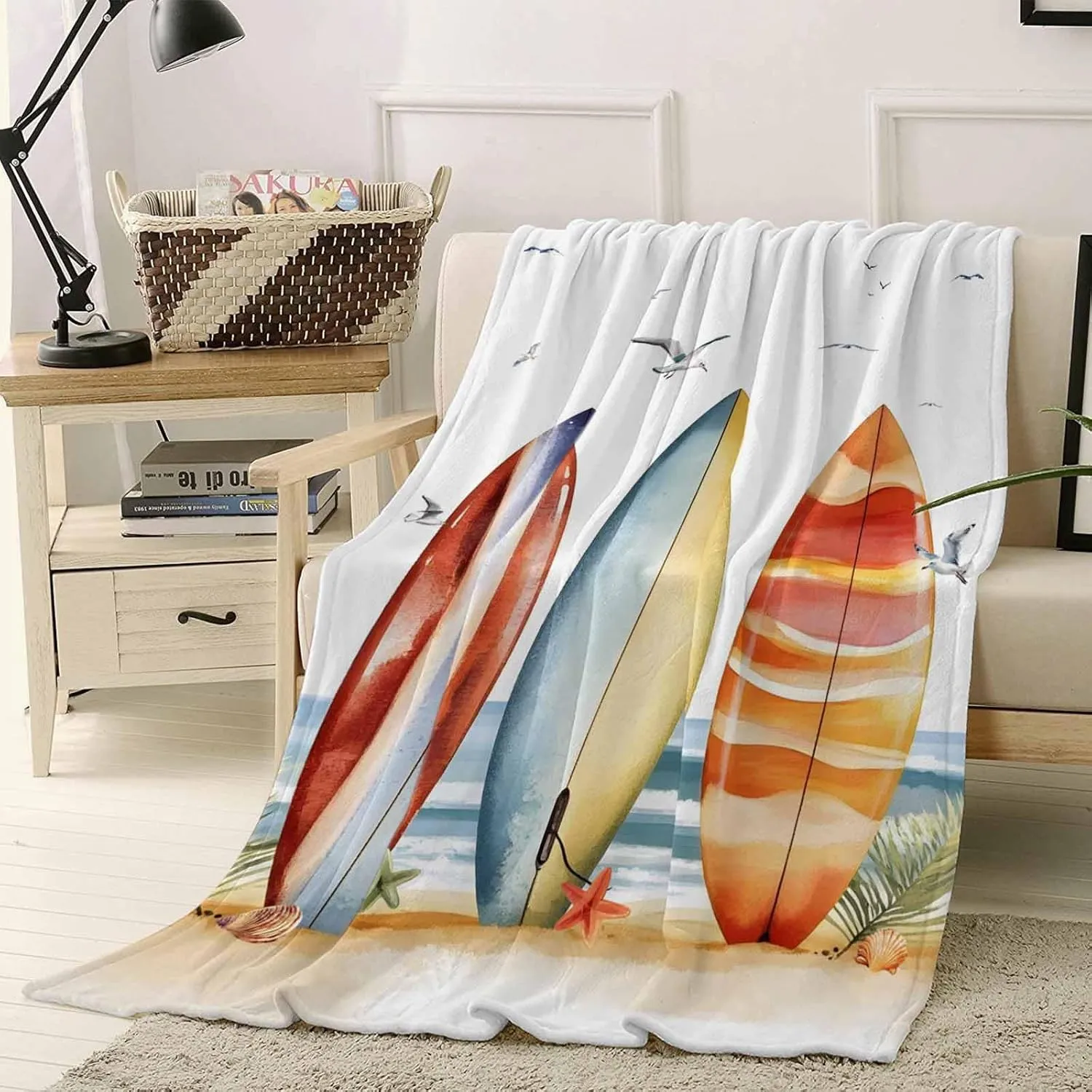 Summer Throw Blanket for Couch, Canoeing Striped Beach Soft Cozy Bed Blanket All Seasons Use Lightweight Flannel Blanket for Travel Camping Picnics, 30" x 40"