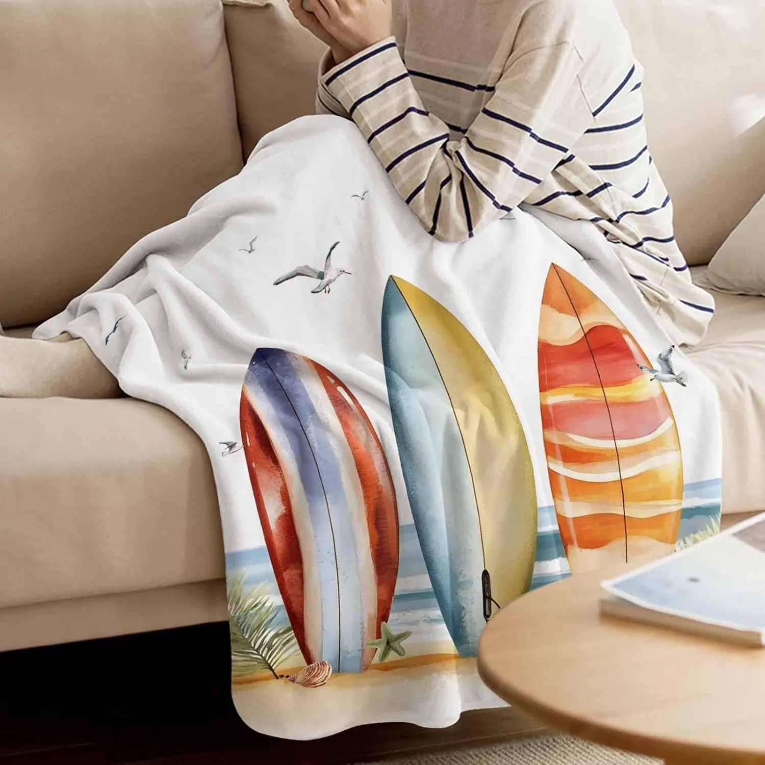 Summer Throw Blanket for Couch, Canoeing Striped Beach Soft Cozy Bed Blanket All Seasons Use Lightweight Flannel Blanket for Travel Camping Picnics, 30" x 40"