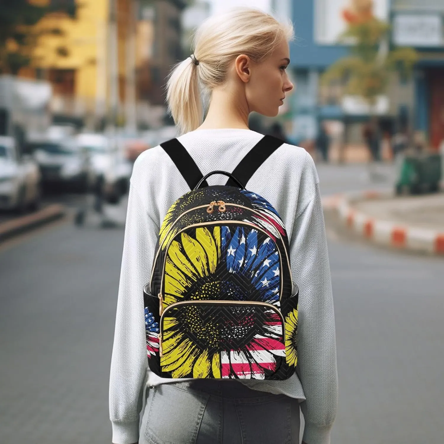 Sunflower American Flag Mini Backpack for Women, LightWeight Travel Backpack Purse Shoulder Bag Small Casual Daypack for Womens