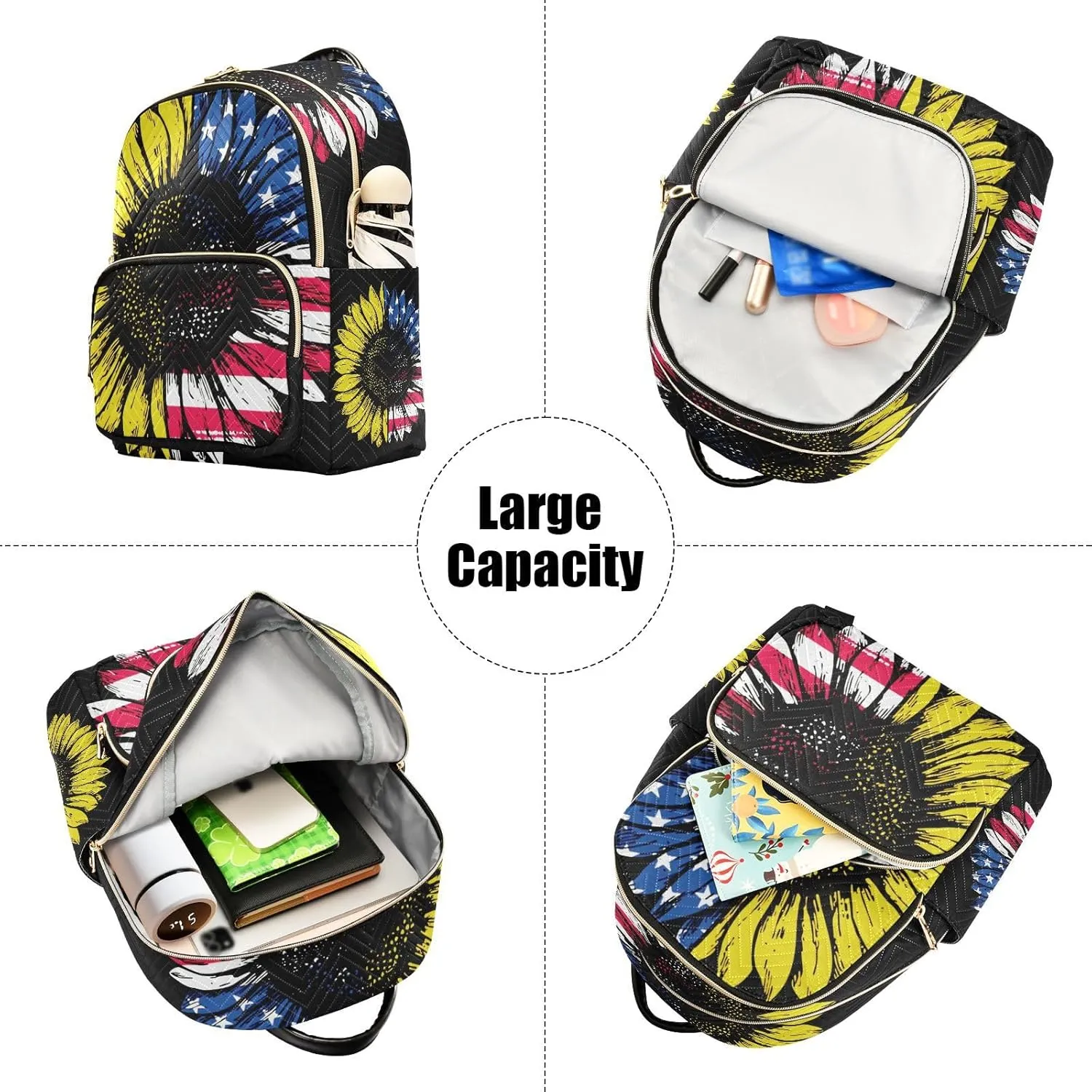 Sunflower American Flag Mini Backpack for Women, LightWeight Travel Backpack Purse Shoulder Bag Small Casual Daypack for Womens