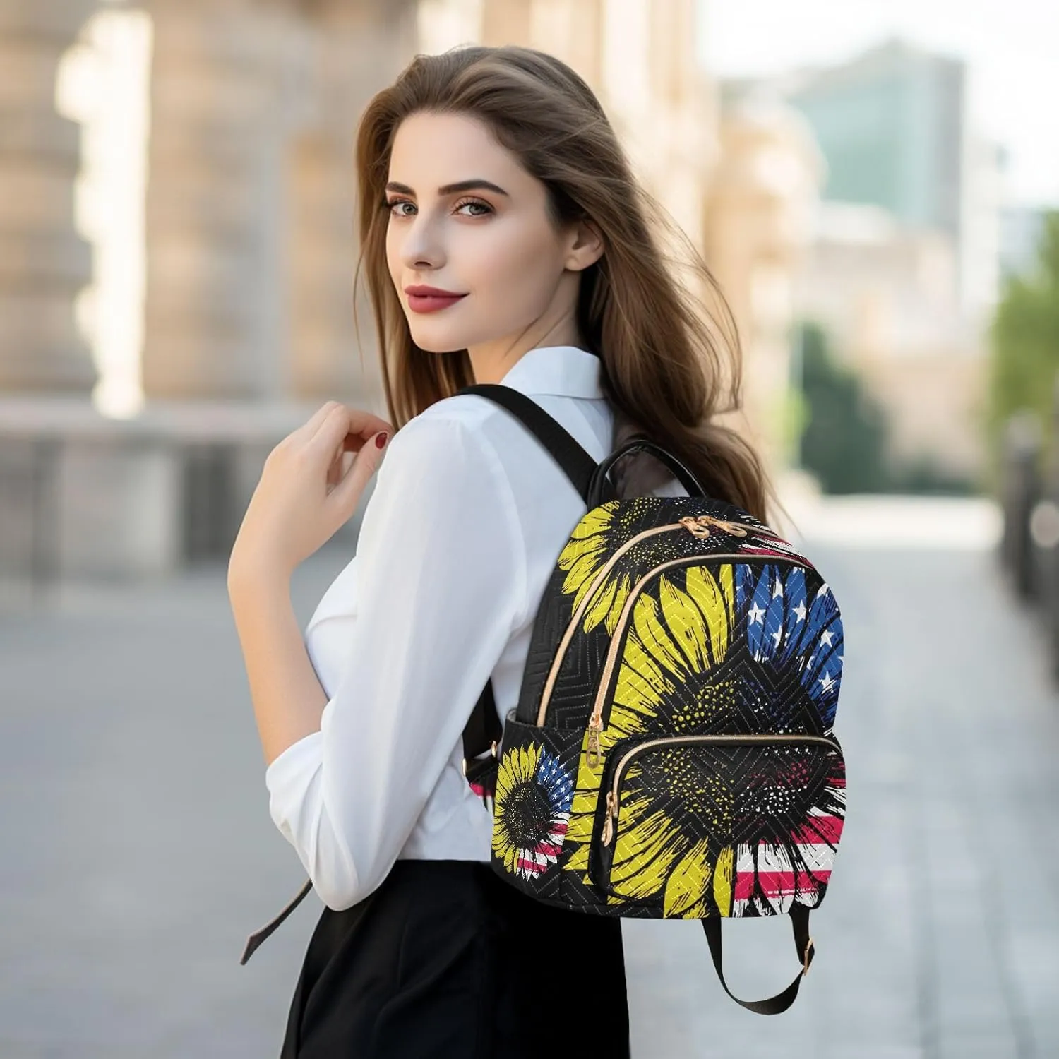 Sunflower American Flag Mini Backpack for Women, LightWeight Travel Backpack Purse Shoulder Bag Small Casual Daypack for Womens