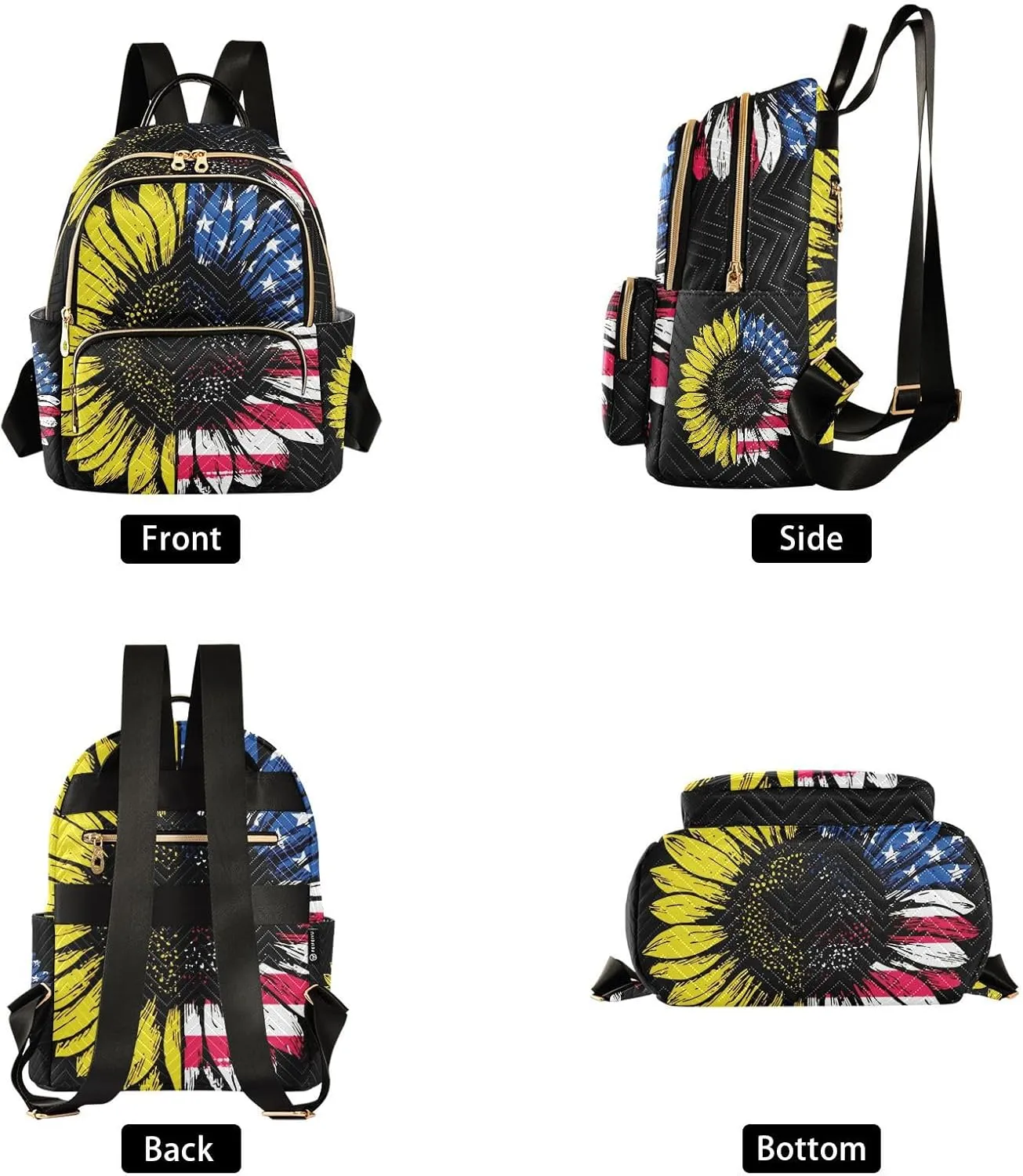 Sunflower American Flag Mini Backpack for Women, LightWeight Travel Backpack Purse Shoulder Bag Small Casual Daypack for Womens