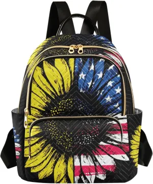 Sunflower American Flag Mini Backpack for Women, LightWeight Travel Backpack Purse Shoulder Bag Small Casual Daypack for Womens