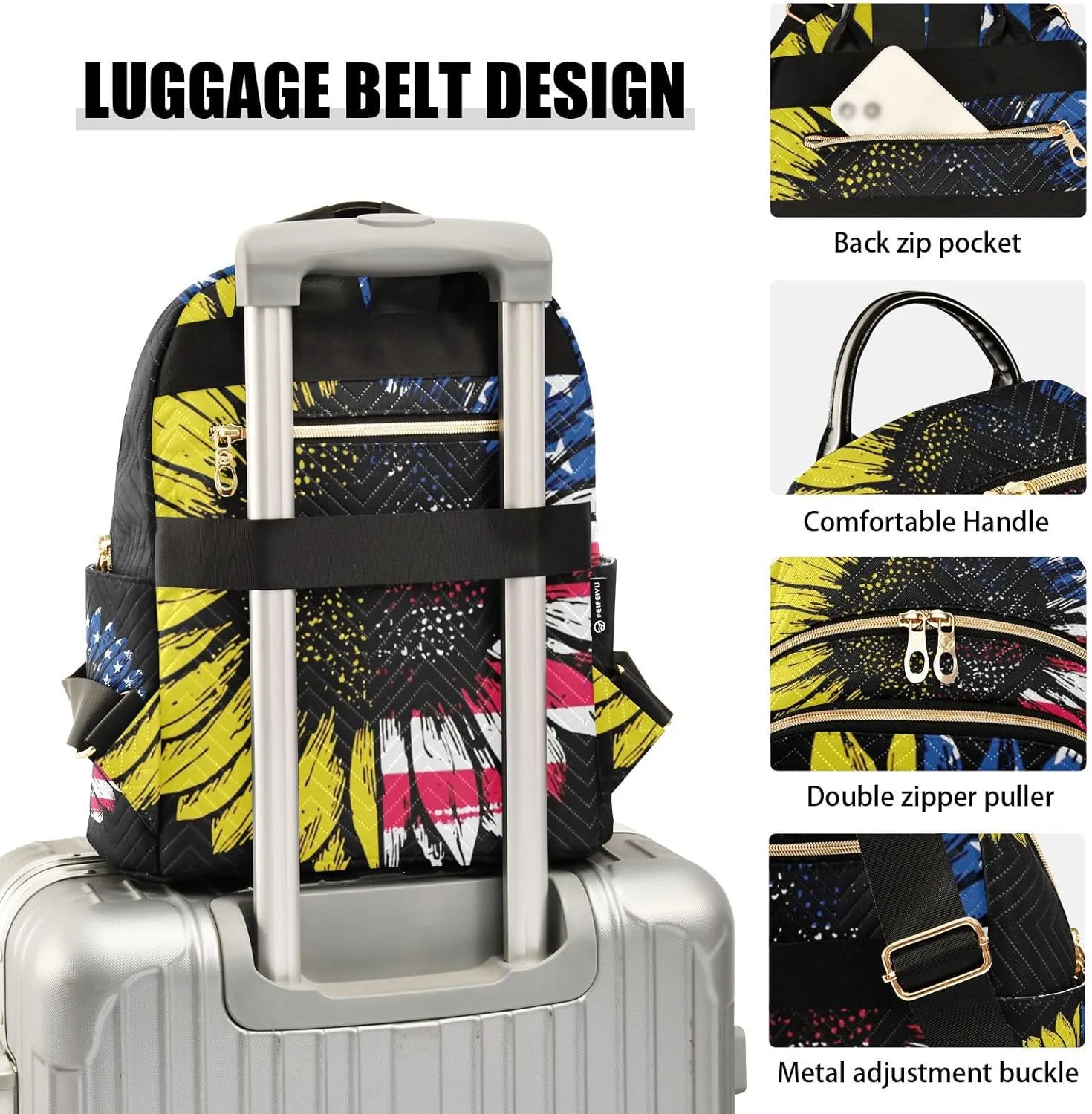 Sunflower American Flag Mini Backpack for Women, LightWeight Travel Backpack Purse Shoulder Bag Small Casual Daypack for Womens