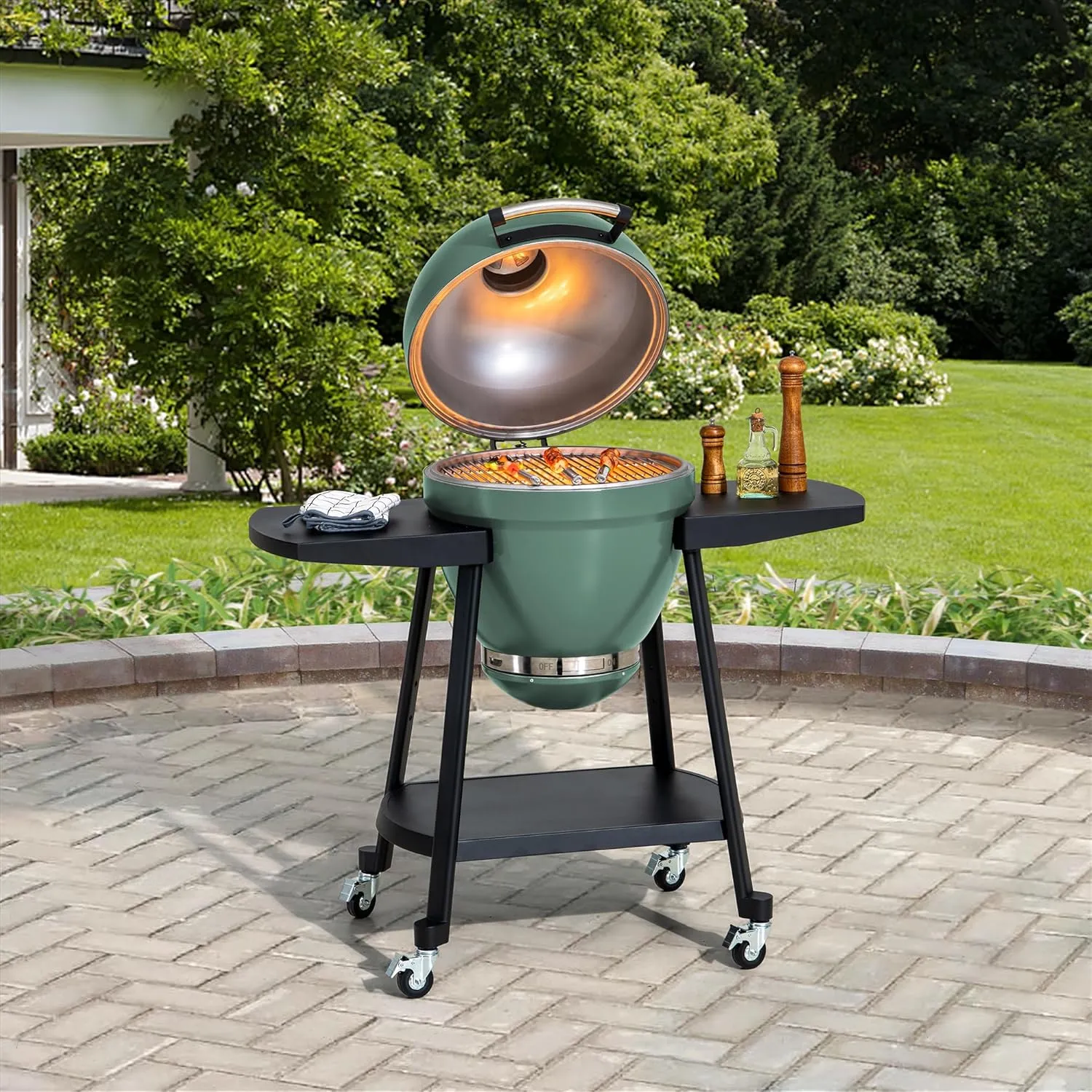 Sunjoy Charcoal Grill 20-Inch Kamado Grill Outdoor Egg Grill with Pizza Stone, Ultimate BBQ Grill and Smoker with Wheels, Green