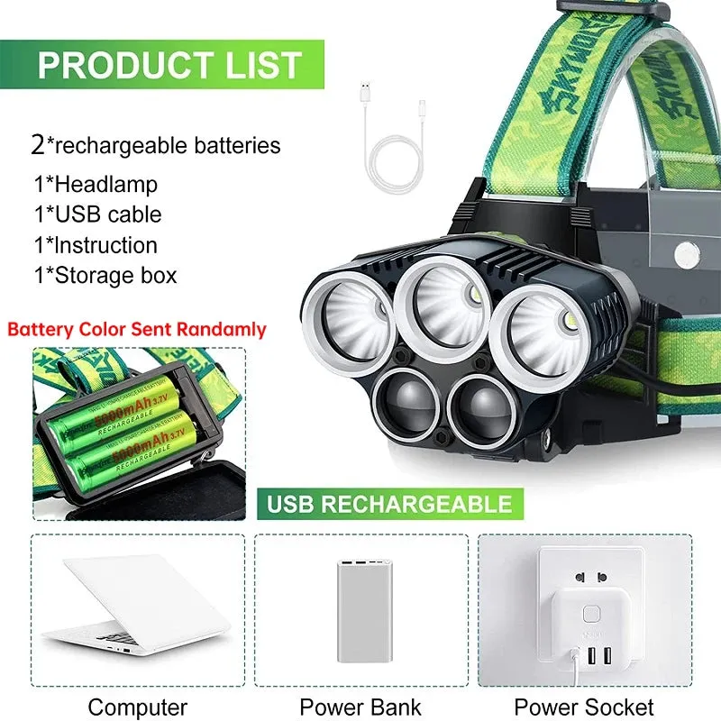 Super Bright 5X LED Headlamp Rechargeable LED Headlight Flashlight USB Head Lamp