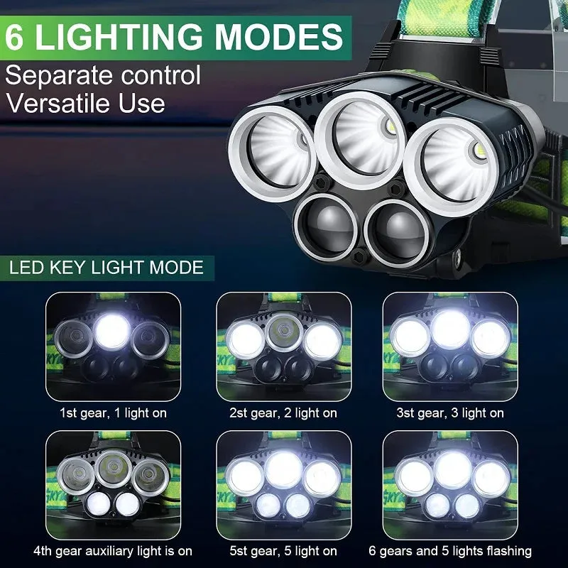 Super Bright 5X LED Headlamp Rechargeable LED Headlight Flashlight USB Head Lamp