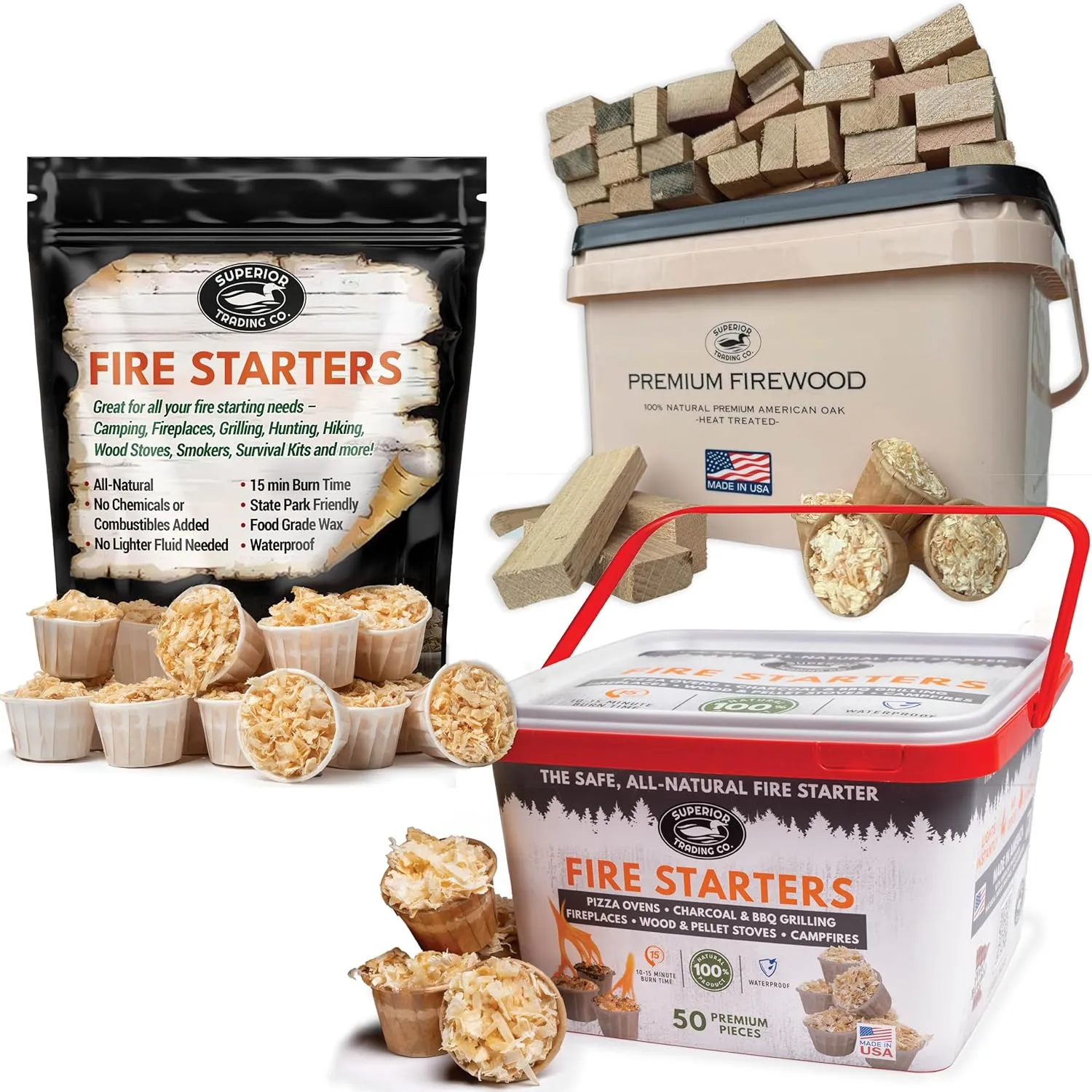 Superior Trading 3-Piece Fire Starter & Mini Firewood Bundle – 80 XL Pods   Kiln-Dried Oak Logs – Resealable Packs, Bucket & Storage Box – USA-Made Fire Starters for Fireplace, Grill, Campfire & Wood