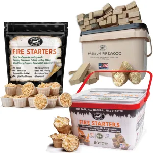 Superior Trading 3-Piece Fire Starter & Mini Firewood Bundle – 80 XL Pods   Kiln-Dried Oak Logs – Resealable Packs, Bucket & Storage Box – USA-Made Fire Starters for Fireplace, Grill, Campfire & Wood