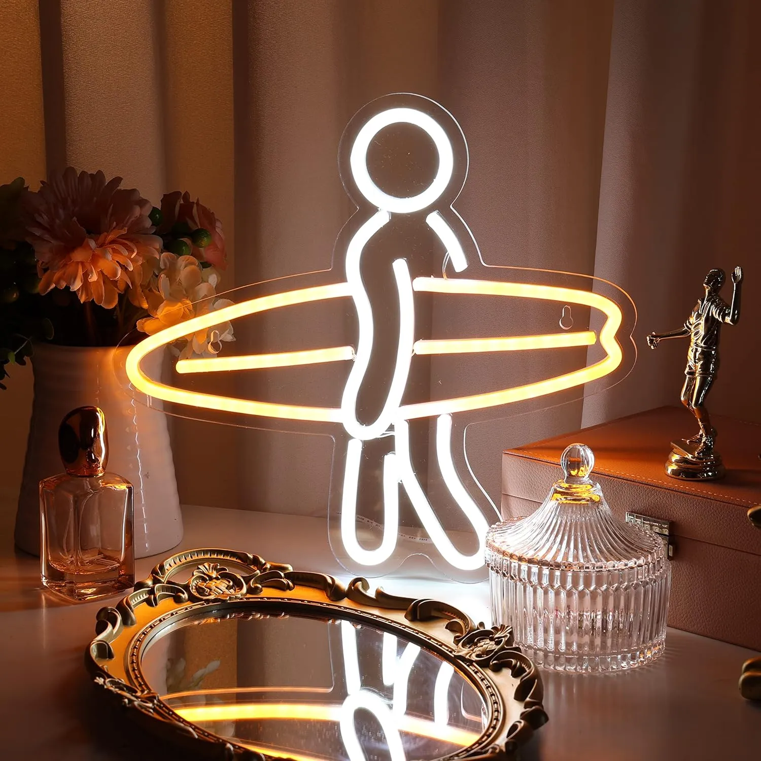 Surfer Neon Sign for Bedroom, Aesthetic Dimmable Neon Light for Wall Decor Neon Anime Sign, LED Signs for Bedroom Wall 13 * 12 Inches Orange