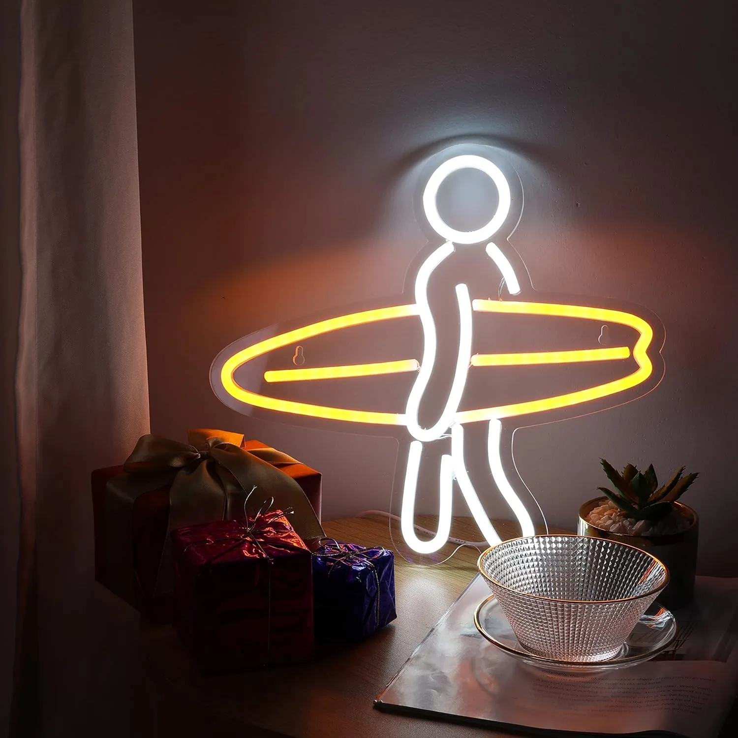Surfer Neon Sign for Bedroom, Aesthetic Dimmable Neon Light for Wall Decor Neon Anime Sign, LED Signs for Bedroom Wall 13 * 12 Inches Orange
