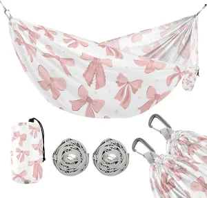 susiyo Portable Camping Hammock Pink Bows Silk Ribbons Printed Lightweight Hammock Comfortable Travel Swing with Tree Straps for Camping Hiking Backpacking Travel or Beach - Up to 330lbs