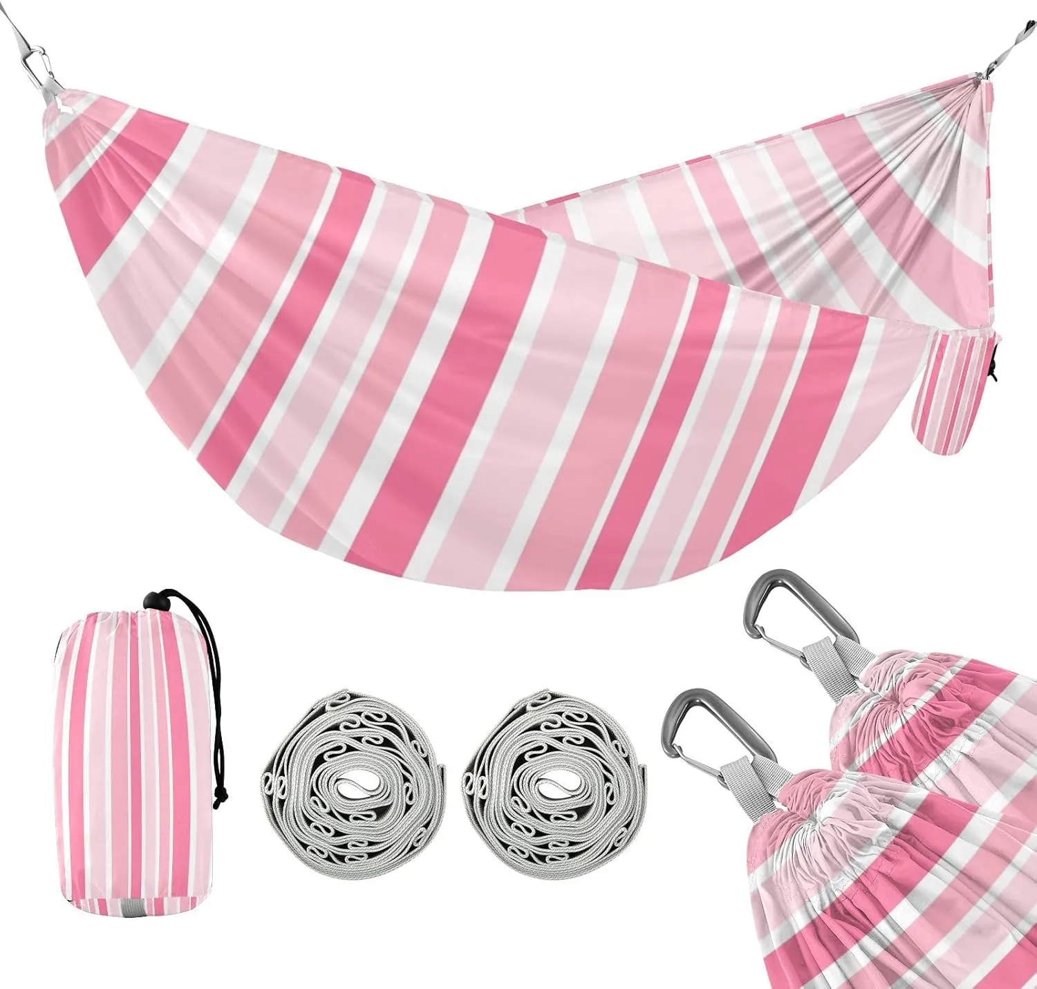 susiyo Portable Camping Hammock Pink-Light Pink Striped Printed Lightweight Hammock Comfortable Travel Swing with Tree Straps for Camping Hiking Backpacking Travel or Beach - Up to 330lbs