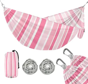 susiyo Portable Camping Hammock Pink-Light Pink Striped Printed Lightweight Hammock Comfortable Travel Swing with Tree Straps for Camping Hiking Backpacking Travel or Beach - Up to 330lbs