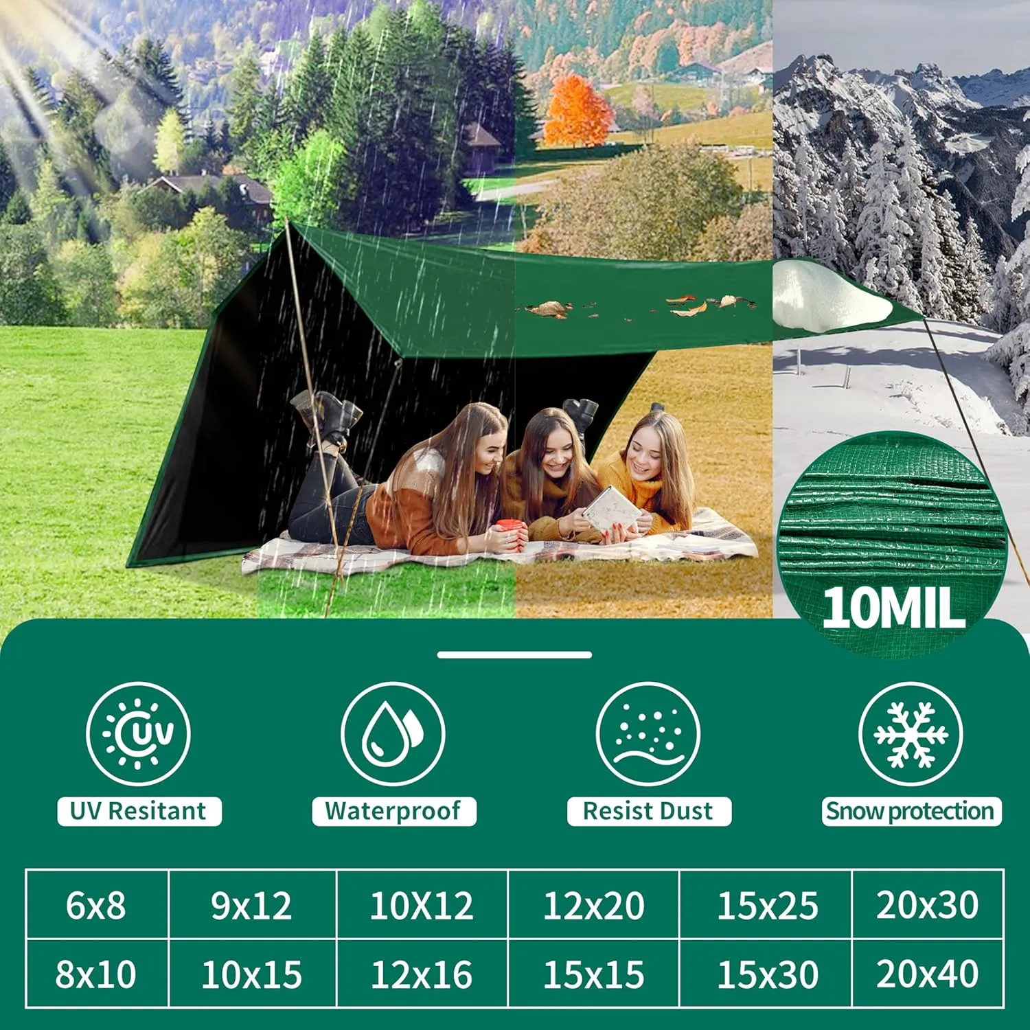 Tarp 10x12 ft Heavy Duty 100% Waterproof 10mil,UV Resistant,Durable Grommets and Reinforced Edges Green/Black Tarp for Camping, Swimming Pools,Car Coverage -by MVPNET