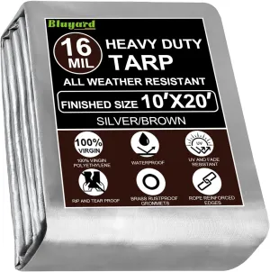 Tarp Waterproof 10x20 Ft Heavy Duty Tarp Thicker 16 Mil Large Tarps with Brass Grommets and Reinforced Edges, UV&Fade Resistant Tear Resistant Plastic Tarp for Outdoor Camping Roof Pool Tent