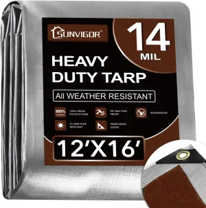 Tarp Waterproof 12x16Ft, Heavy Duty Tarp Cover Extra Thick 14 Mil Tear and UV Resistant, Outdoor Tarps with Grommets and Reinforced Edges for Roof, Camping, Patio, Pool, Boat
