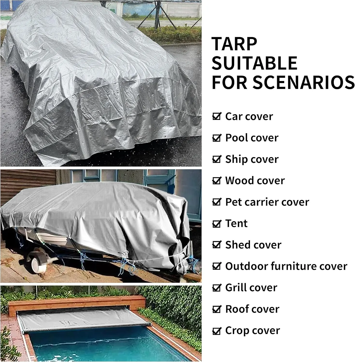 TARPAL 12x25 Feet Tarps Silver 10.5Mil Multipurpose Protective Cover Heavy Duty Tarp Waterproof,Snow or UV Protection,Durable Reinforced Edges