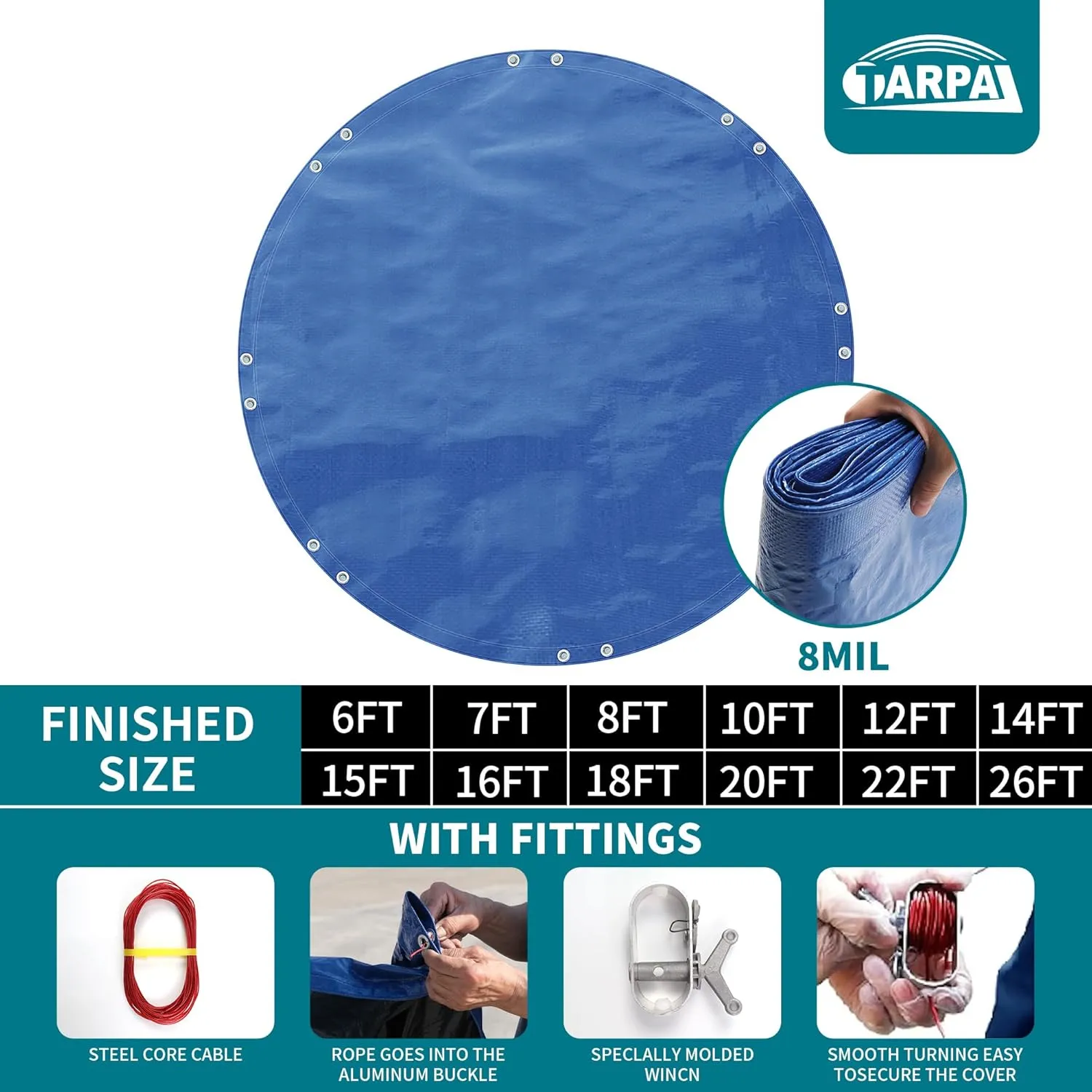 TARPAL 22ft Round tarp Waterproof 8mil Poly Tarps Pool Cover Multifunctional Tarpaulin Pool Covers for Above Ground Pools Dust and UV Resistance .（Blue/Black）