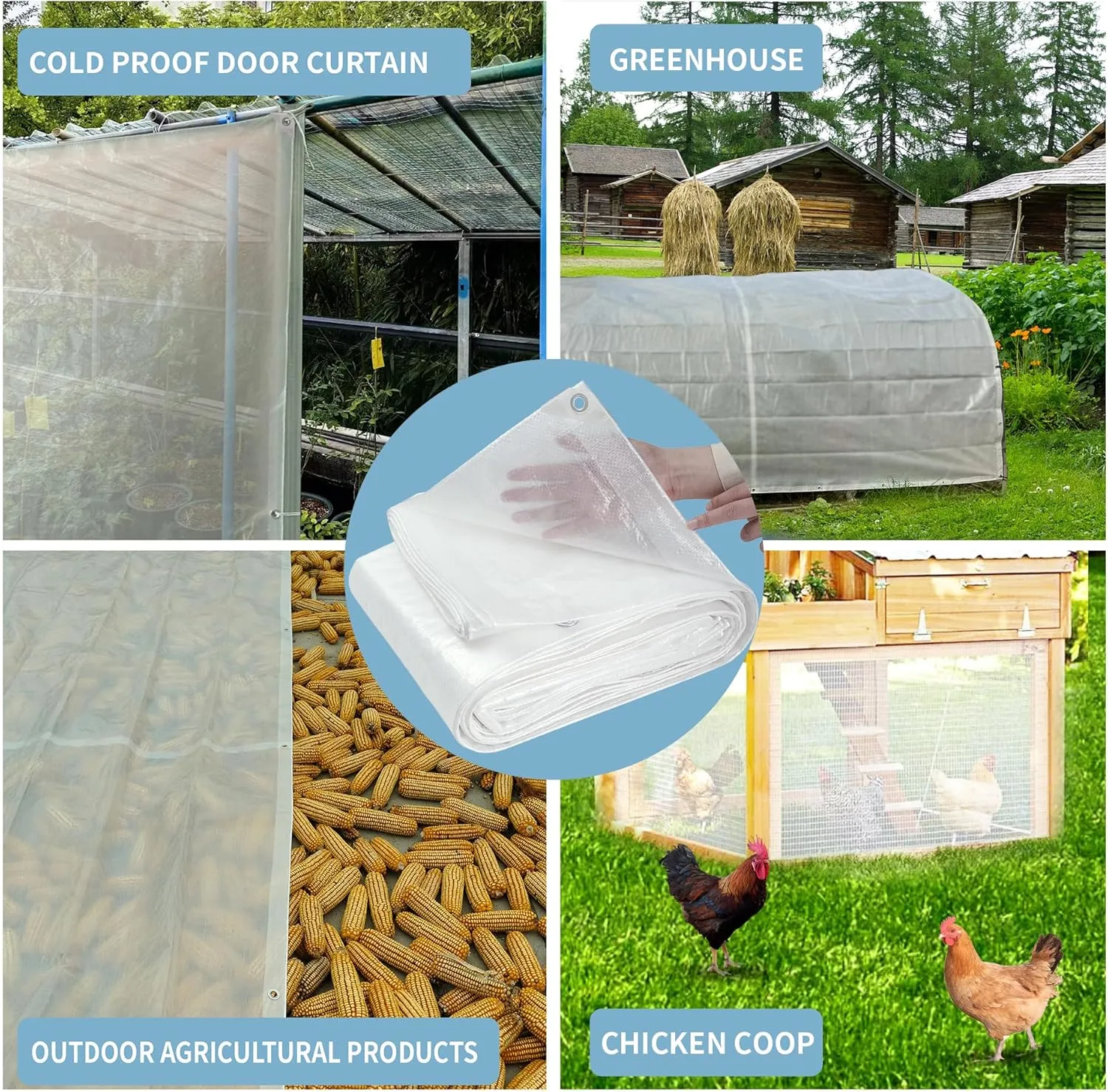 TARPAL 4'x8'（2pack） Semi Clear White Tarp Waterproof Green House Cover with Grommets 7.5mil Clear Poly tarps for Gardening,Farm, Garden,Chicken Coops，Outdoor