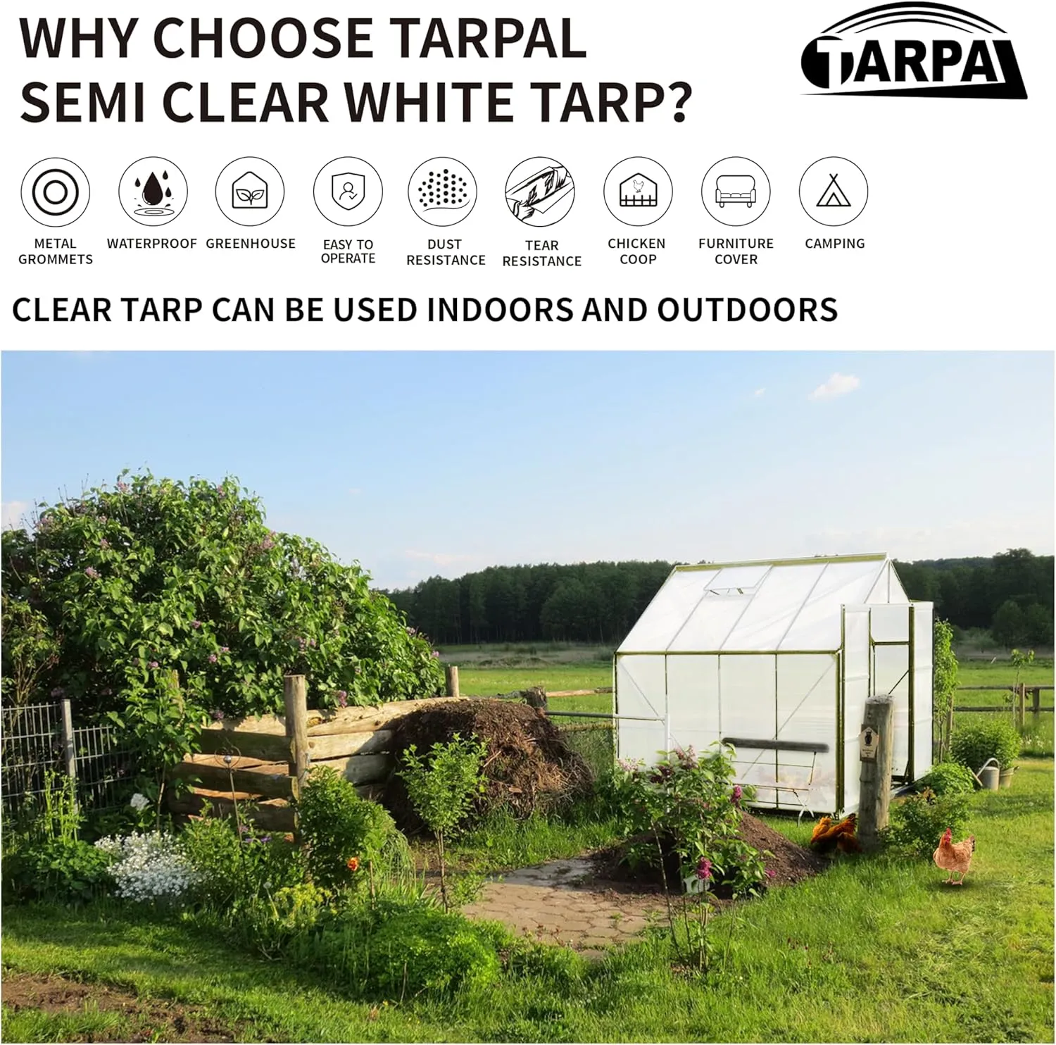 TARPAL 4'x8'（2pack） Semi Clear White Tarp Waterproof Green House Cover with Grommets 7.5mil Clear Poly tarps for Gardening,Farm, Garden,Chicken Coops，Outdoor