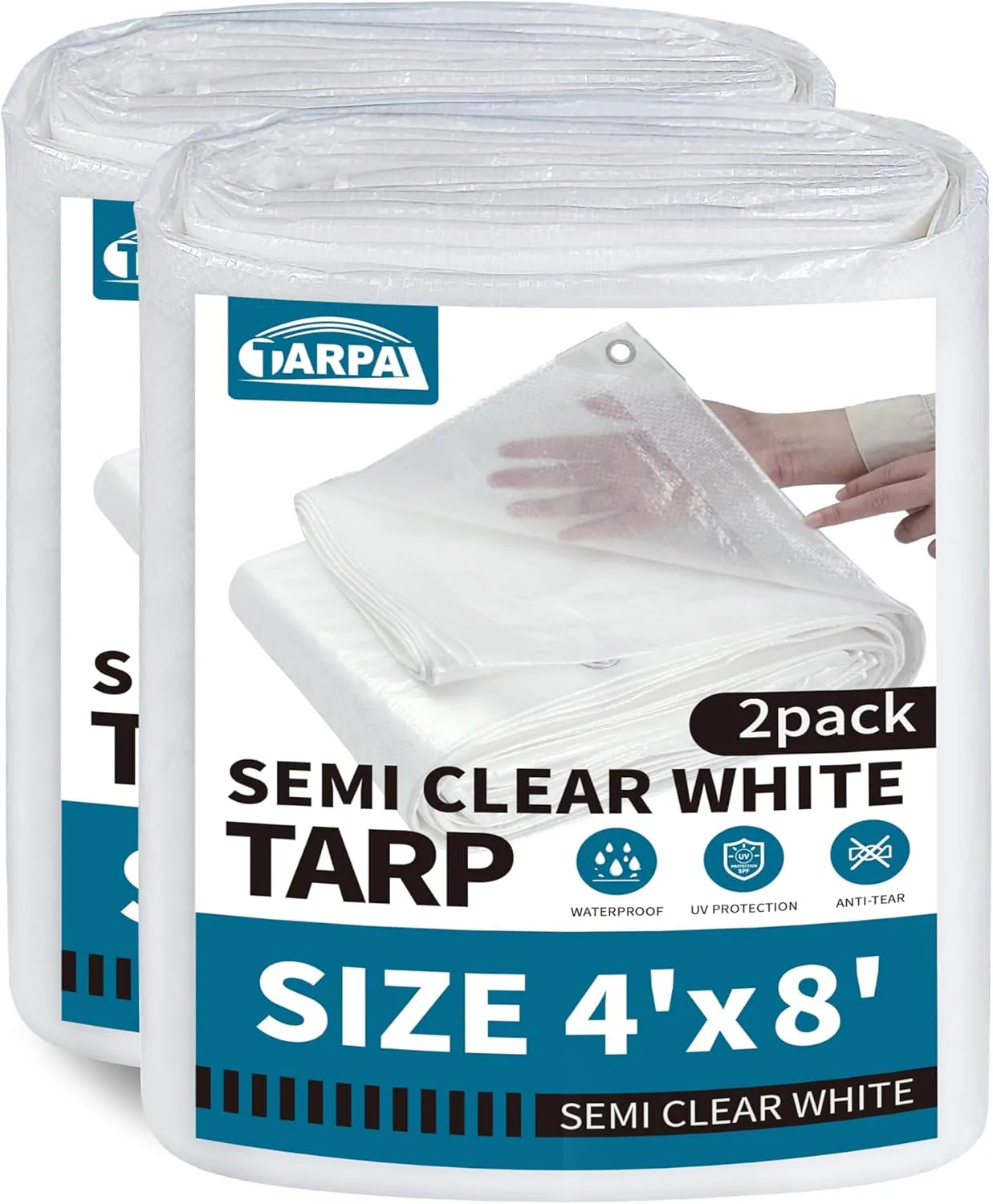 TARPAL 4'x8'（2pack） Semi Clear White Tarp Waterproof Green House Cover with Grommets 7.5mil Clear Poly tarps for Gardening,Farm, Garden,Chicken Coops，Outdoor