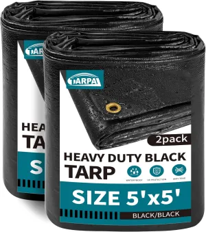 TARPAL Waterproof tarp 5x5（2Pack） Black Heavy Duty tarp 14mil polyethylene tarps Multifunctional Tarpaulin，Snow or UV Protection,Suitable for Outdoor Furniture, awnings,Roofs,Tents tarp Cover