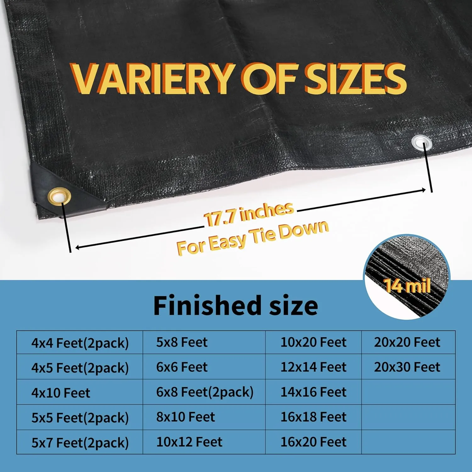 TARPAL Waterproof tarp 5x5（2Pack） Black Heavy Duty tarp 14mil polyethylene tarps Multifunctional Tarpaulin，Snow or UV Protection,Suitable for Outdoor Furniture, awnings,Roofs,Tents tarp Cover