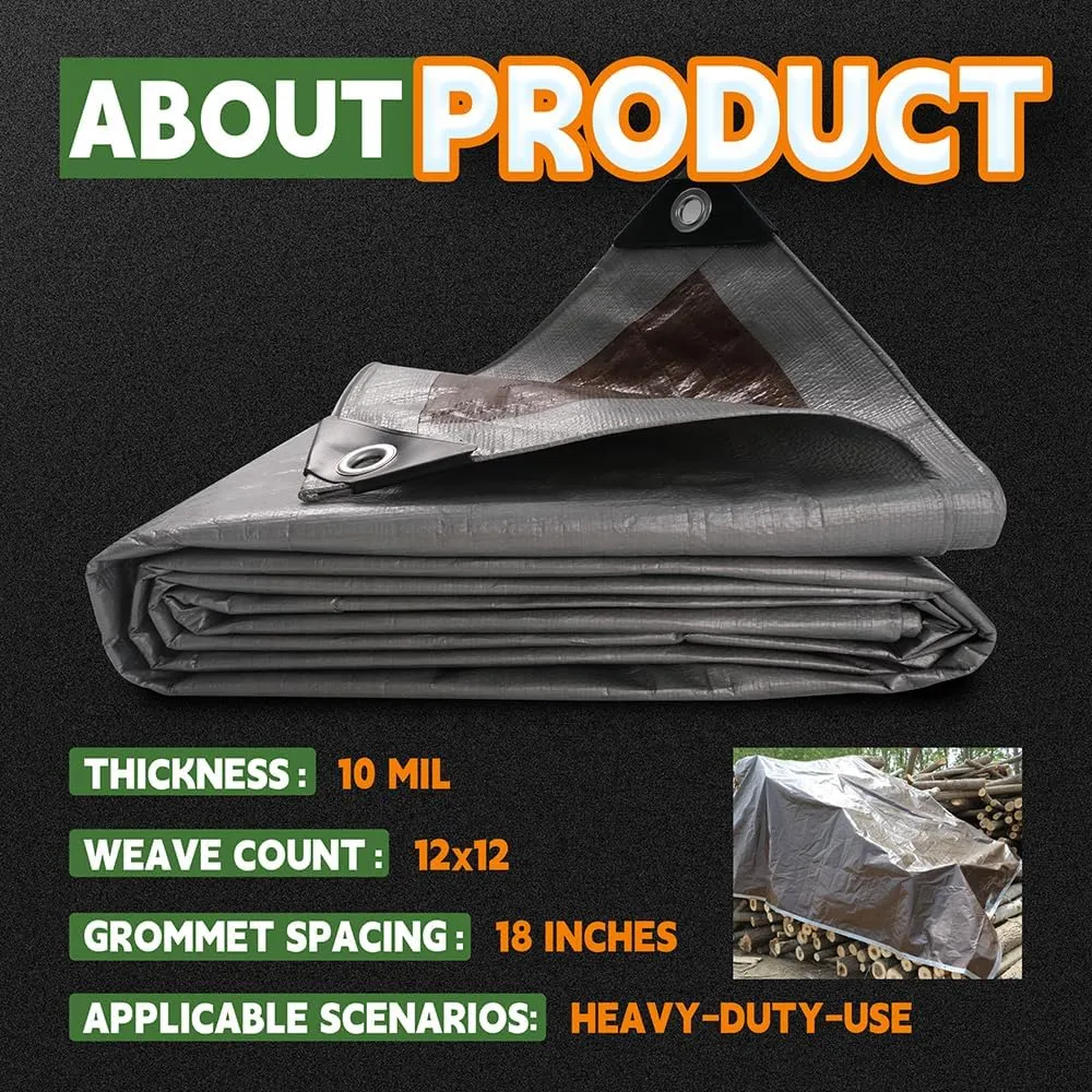 Tarps Heavy Duty Waterproof 10x12 Feet, 10Mil Multipurpose Poly Tarp Cover with Metal Grommets and Reinforced Edges, Silver/Brown Tarp by RAINDEWAY