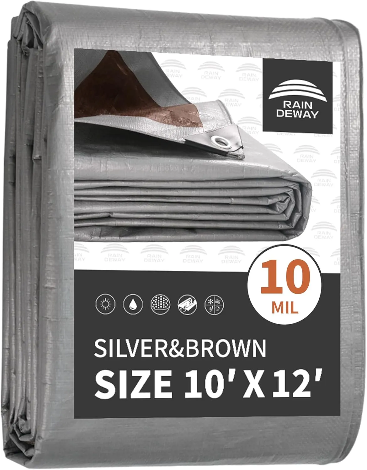 Tarps Heavy Duty Waterproof 10x12 Feet, 10Mil Multipurpose Poly Tarp Cover with Metal Grommets and Reinforced Edges, Silver/Brown Tarp by RAINDEWAY