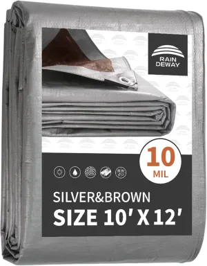 Tarps Heavy Duty Waterproof 10x12 Feet, 10Mil Multipurpose Poly Tarp Cover with Metal Grommets and Reinforced Edges, Silver/Brown Tarp by RAINDEWAY
