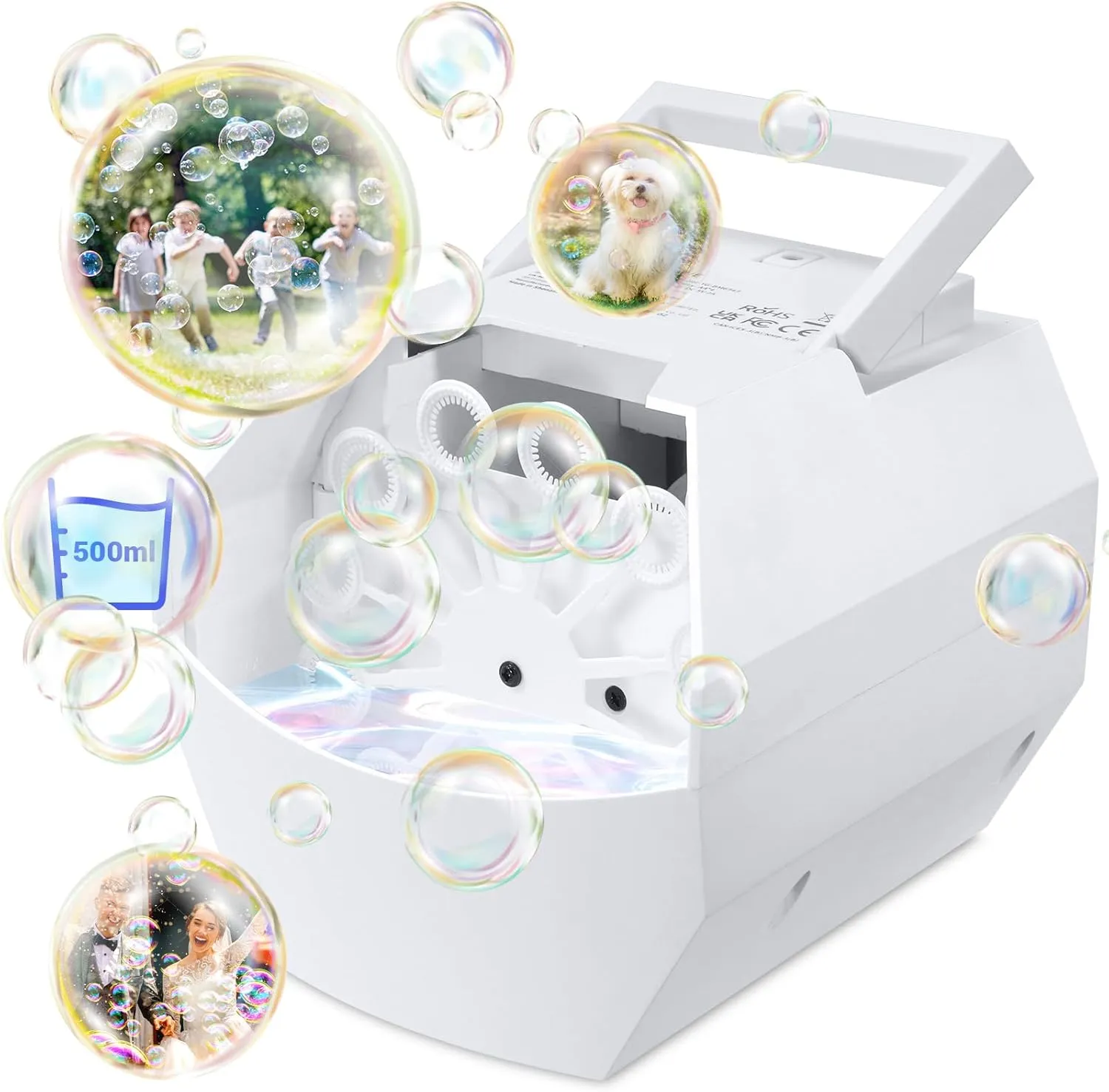 Theefun Bubble Machine: 500ML Automatic Bubble Blower for Kids and Toddlers, Portable Bubble Maker Operated by Plug-in or Batteries for Parties Weddings Birthday Outdoor and Indoor White