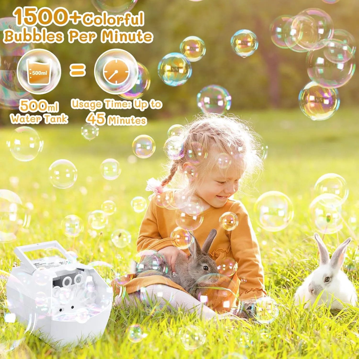 Theefun Bubble Machine: 500ML Automatic Bubble Blower for Kids and Toddlers, Portable Bubble Maker Operated by Plug-in or Batteries for Parties Weddings Birthday Outdoor and Indoor White
