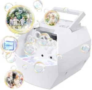 Theefun Bubble Machine: 500ML Automatic Bubble Blower for Kids and Toddlers, Portable Bubble Maker Operated by Plug-in or Batteries for Parties Weddings Birthday Outdoor and Indoor White