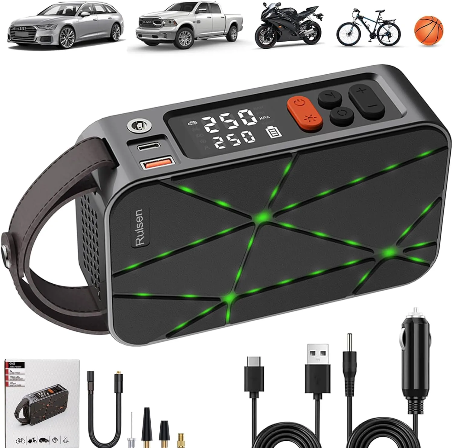 Tire Inflator Portable Air Compressor, Rulsen Electric Air Pump 150PSI, Battery Powered & 12V DC, Outdoor Tire Pump for Car/Motorcycle/Bicycle/Ball, Auto Pump & Digital Tire Pressure Gauge