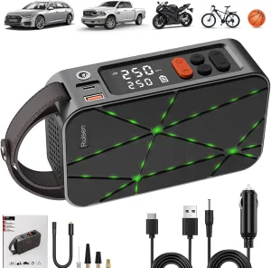 Tire Inflator Portable Air Compressor, Rulsen Electric Air Pump 150PSI, Battery Powered & 12V DC, Outdoor Tire Pump for Car/Motorcycle/Bicycle/Ball, Auto Pump & Digital Tire Pressure Gauge