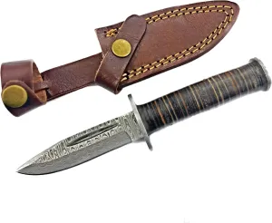 Titan International Knives Clip Point Knife Damascus Steel Fixed Blade | Handmade 1095 4340 Carbon Mix Hand Pounded | Stacked Leather Handle and Leather Sheath Perfect for Hunting Camping and Survival