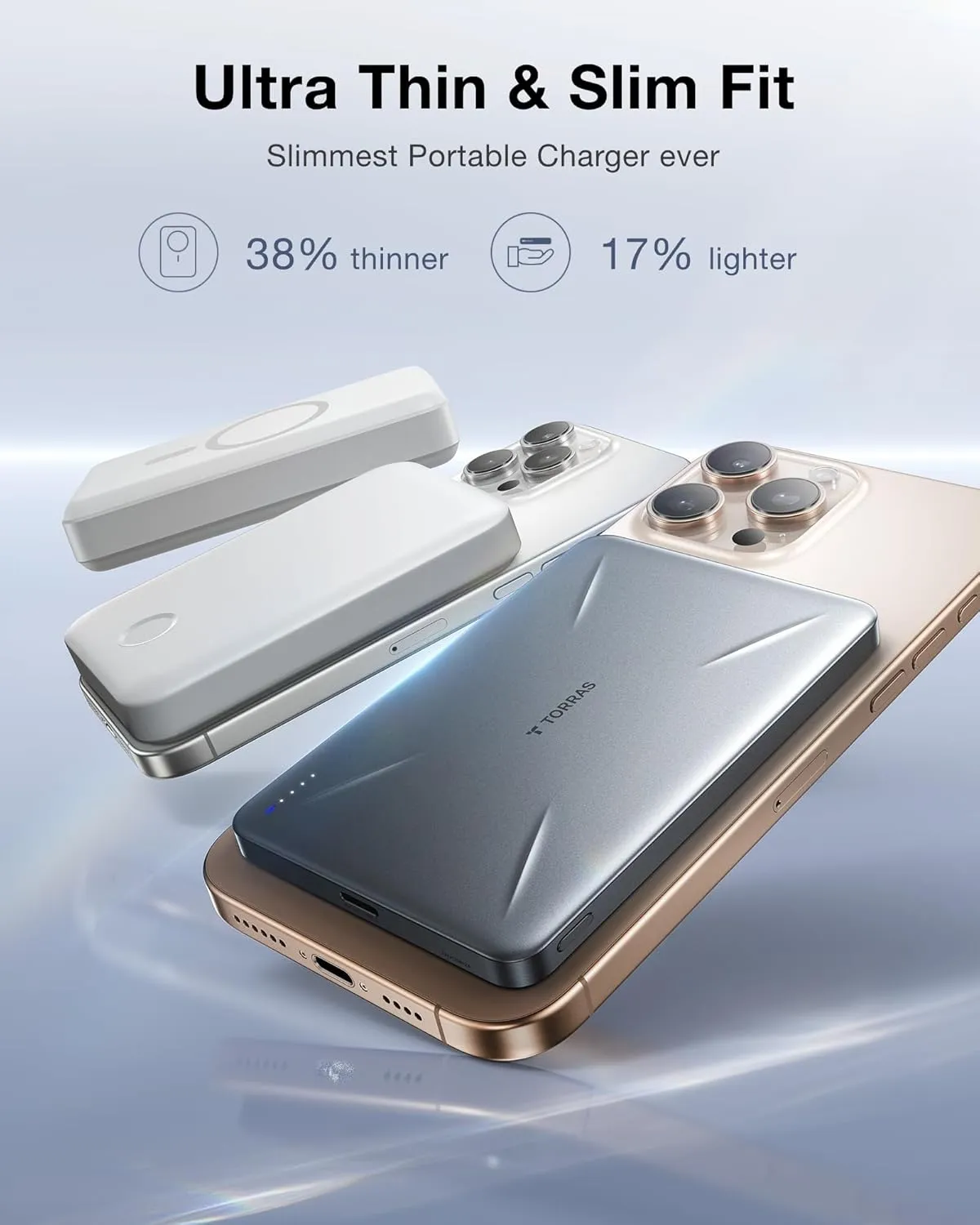 TORRAS 0.3‘’ Slim for MagSafe Portable Charger, 5,000mAh Magnetic Power Bank for iPhone, Wireless Charger Fast Charging with USB-C Cable, Magsafe-Compatible Battery Pack for iPhone 16/15/14/13/12