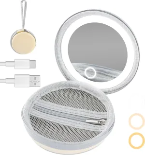 Travel Makeup Mirror with Bag, Rechargeable Portable LED Mirror with 3 Adjustable Color Temperatures & Dimmable Light, Compact & Lightweight Design, Ideal Gift for Women (Beige)