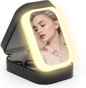 Travel Makeup Mirror with Light, Compact Makeup Bag with LED Mirror, 3 Color Light Dimmable Brightness Waterproof Cosmetic Bag With 4 Compartments Ideal Gift For Women,Black