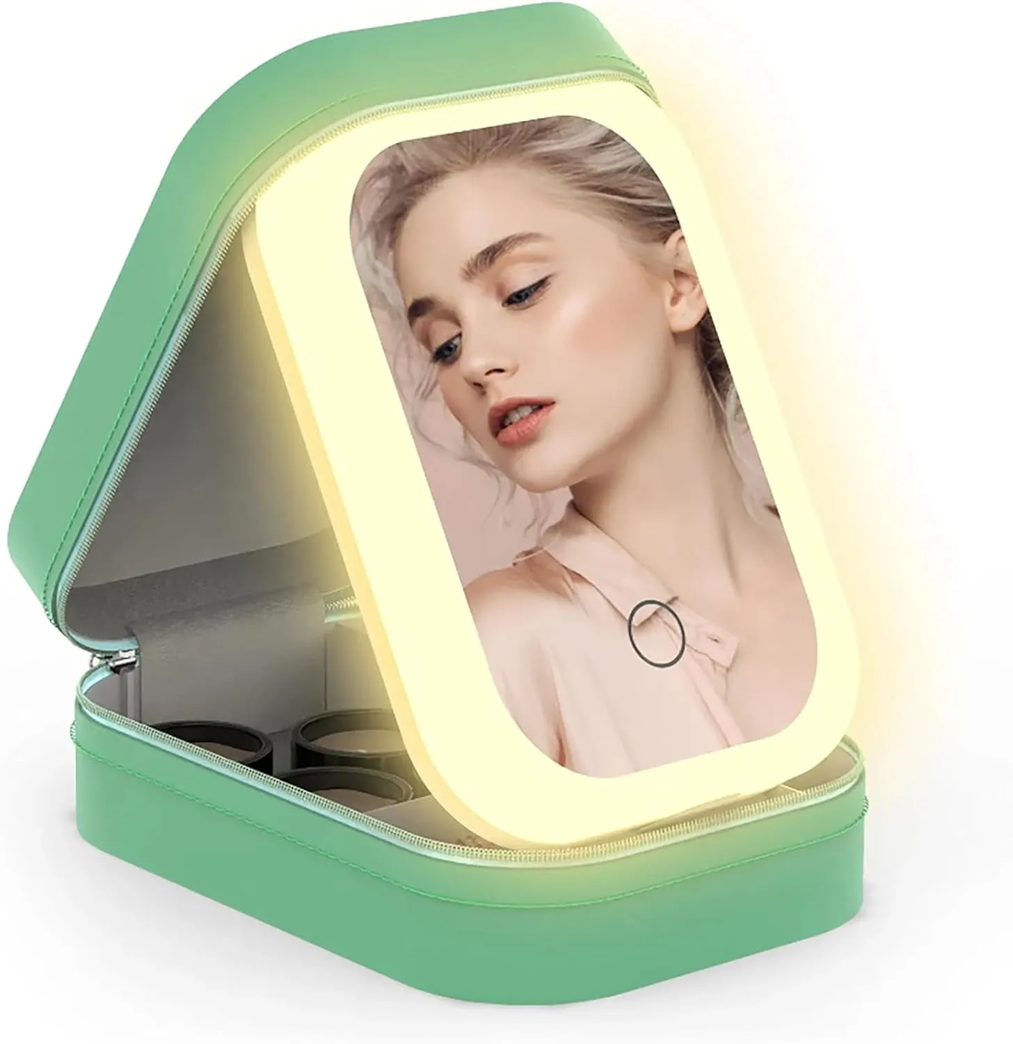 Travel Makeup Mirror with Light, Compact Makeup Bag with LED Mirror, 3 Color Light Dimmable Brightness Waterproof Cosmetic Bag With 4 Compartments Ideal Gift For Women,Green