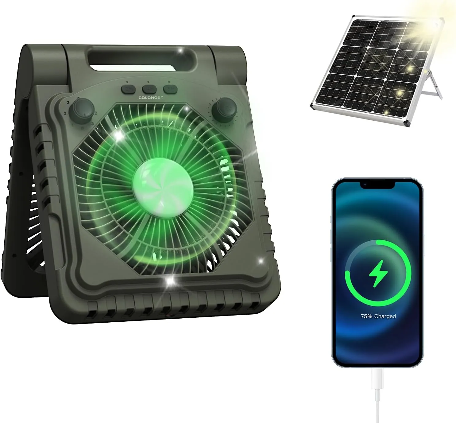 Triple-Power Solar Camping Fan 10000mAh Portable Fan/LED Lantern/Power Bank, 3-Speed Settings with Solar Charging & Timer & Bracket - Compact Cooling for Outdoor/Tent/Workspaces (Green)
