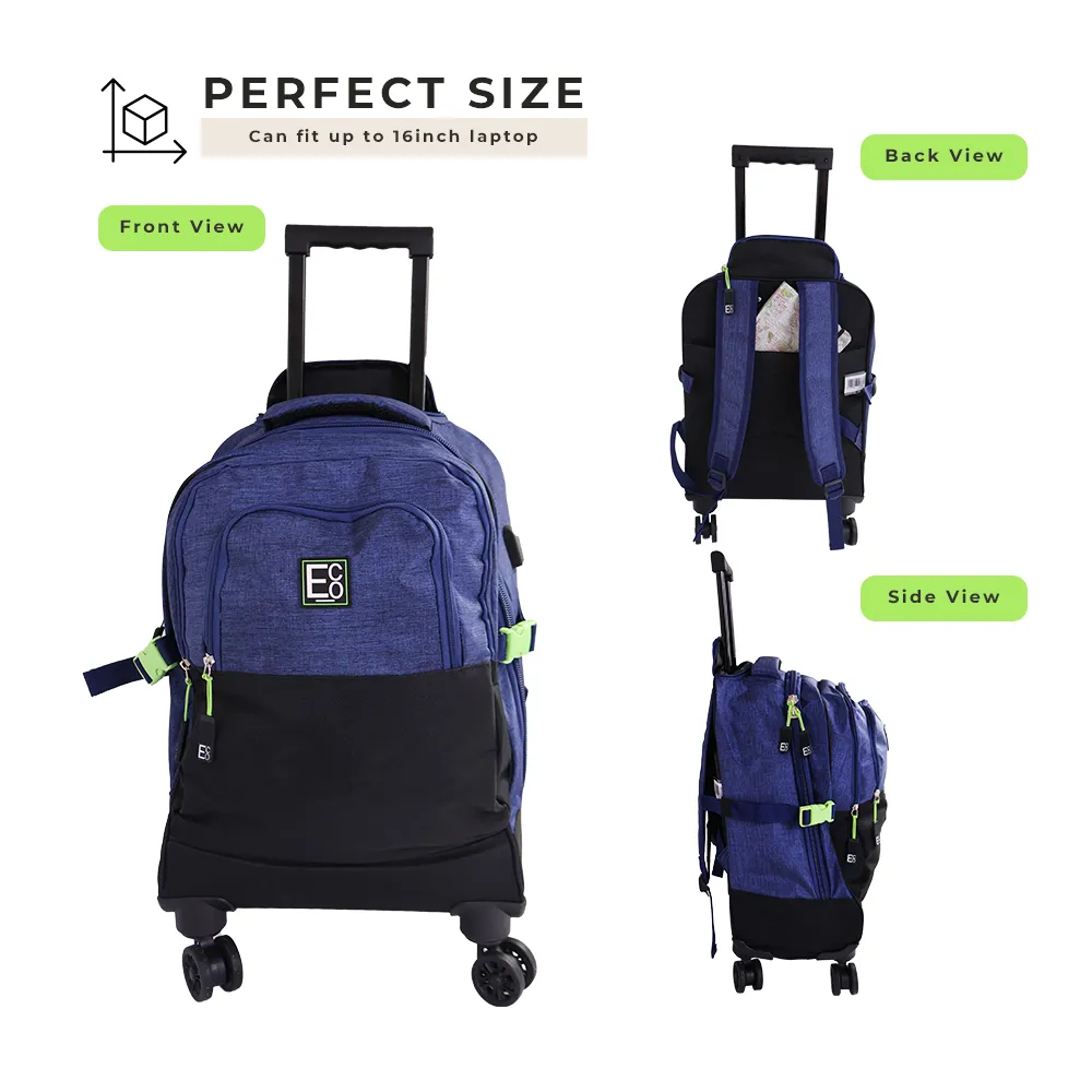 Trolley Backpack with Hidden Carry Handle and USB Charger Port