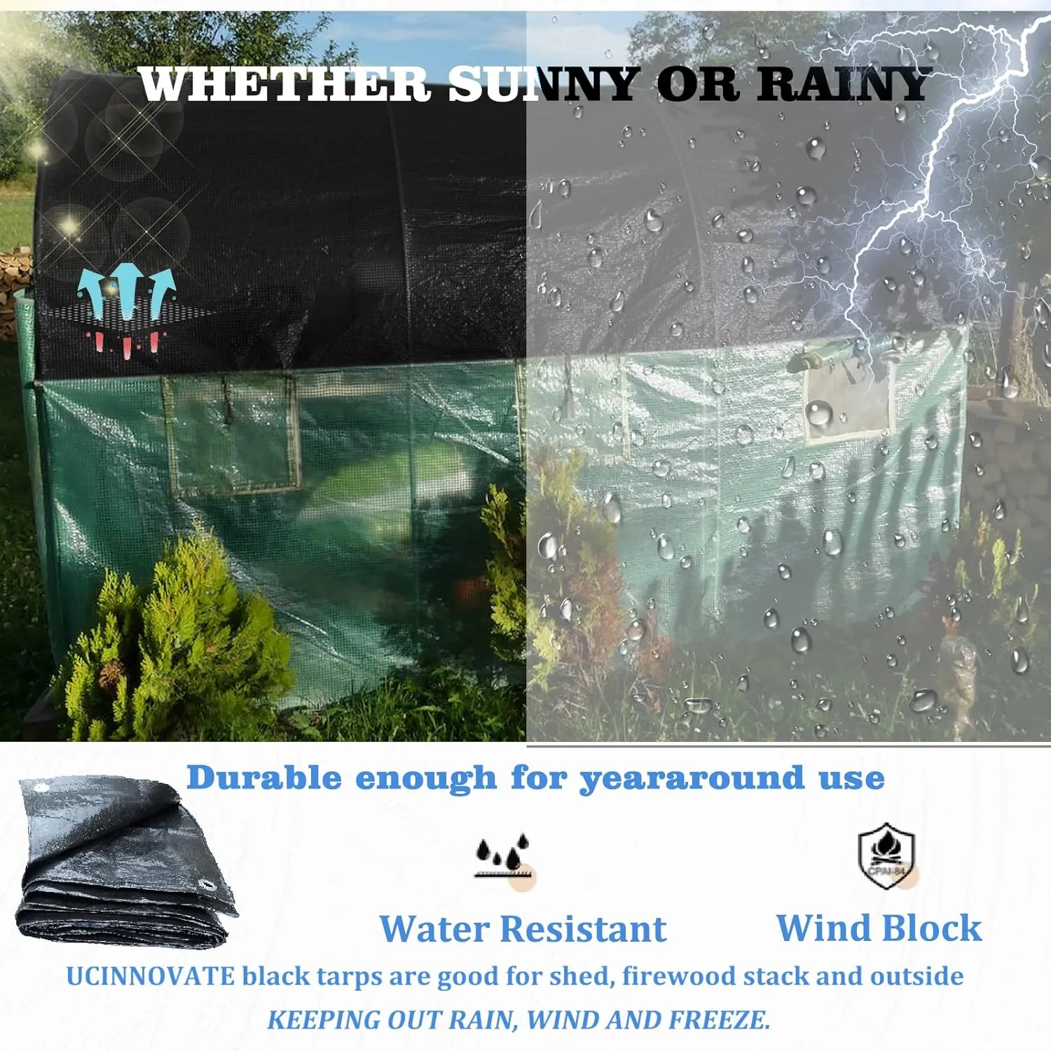 UCINNOVATE Heavy Duty 14Mil Waterproof Poly Tarp 6.5x10FT - Durable Black Tarpaulin with Rust-Proof Grommets, UV & Tear Resistant for Garden, Patio, Truck, Roof, Camping, Emergency