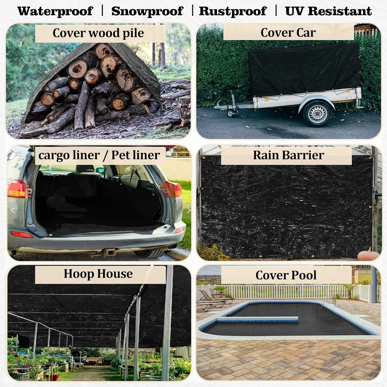 UCINNOVATE Heavy Duty 14Mil Waterproof Poly Tarp 6.5x10FT - Durable Black Tarpaulin with Rust-Proof Grommets, UV & Tear Resistant for Garden, Patio, Truck, Roof, Camping, Emergency