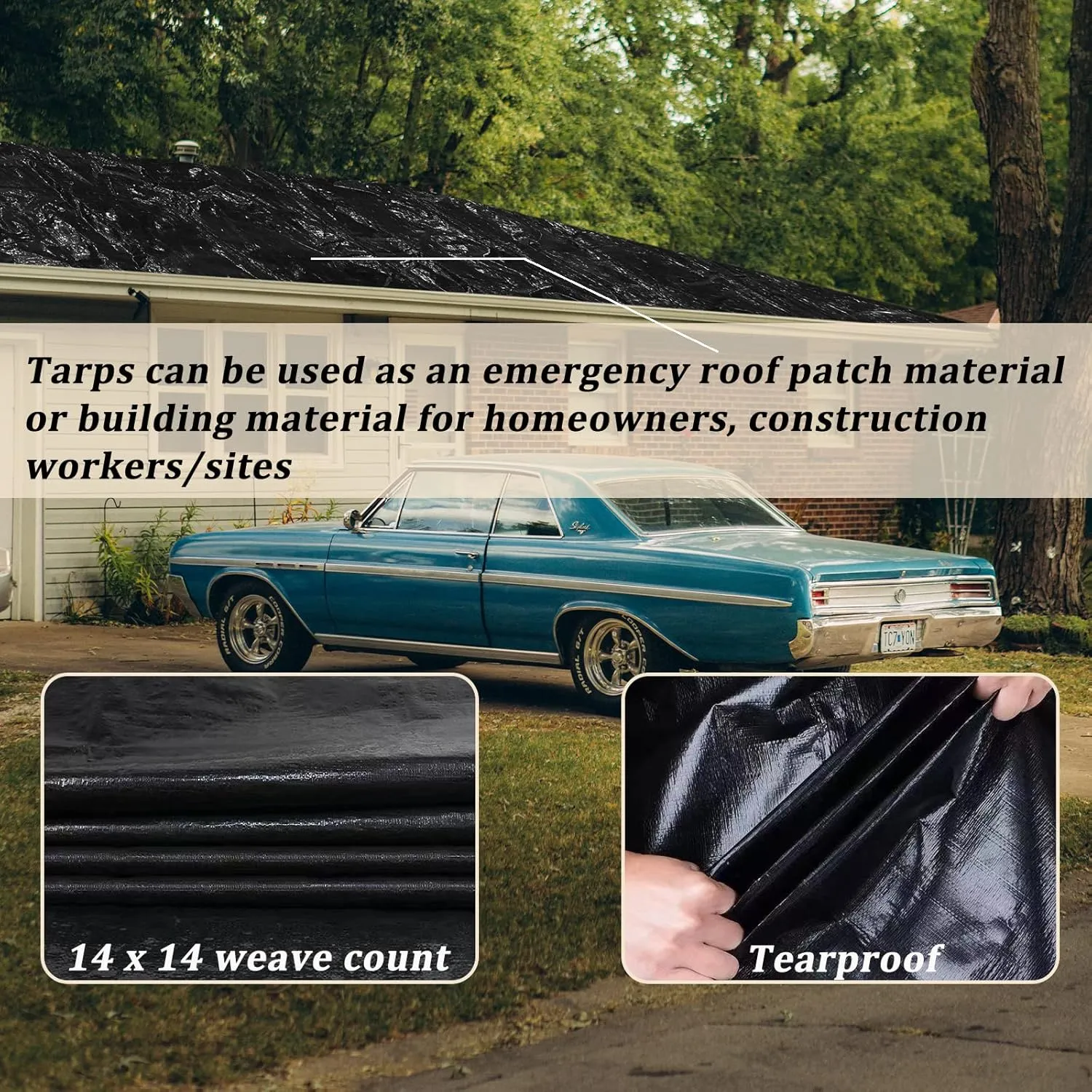 UCINNOVATE Heavy Duty 14Mil Waterproof Poly Tarp 6.5x10FT - Durable Black Tarpaulin with Rust-Proof Grommets, UV & Tear Resistant for Garden, Patio, Truck, Roof, Camping, Emergency