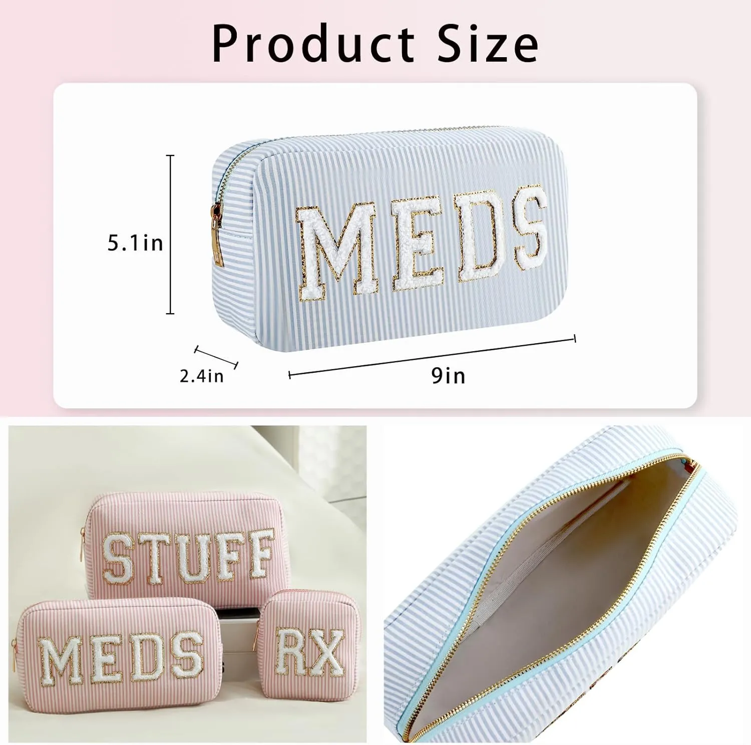 uekeboag Seersucker Chenille Letter Stuff Meds RX Makeup Bag, Travel Washable Purse Organizer with Zipper, Lightweight Toiletry Cute Personalized Preppy Cosmetic Bag For Women and Girls(03Blue Meds)