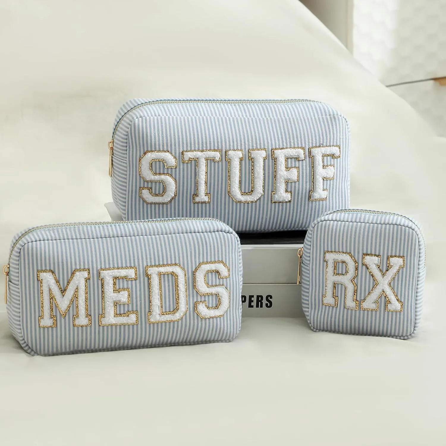uekeboag Seersucker Chenille Letter Stuff Meds RX Makeup Bag, Travel Washable Purse Organizer with Zipper, Lightweight Toiletry Cute Personalized Preppy Cosmetic Bag For Women and Girls(03Blue Meds)
