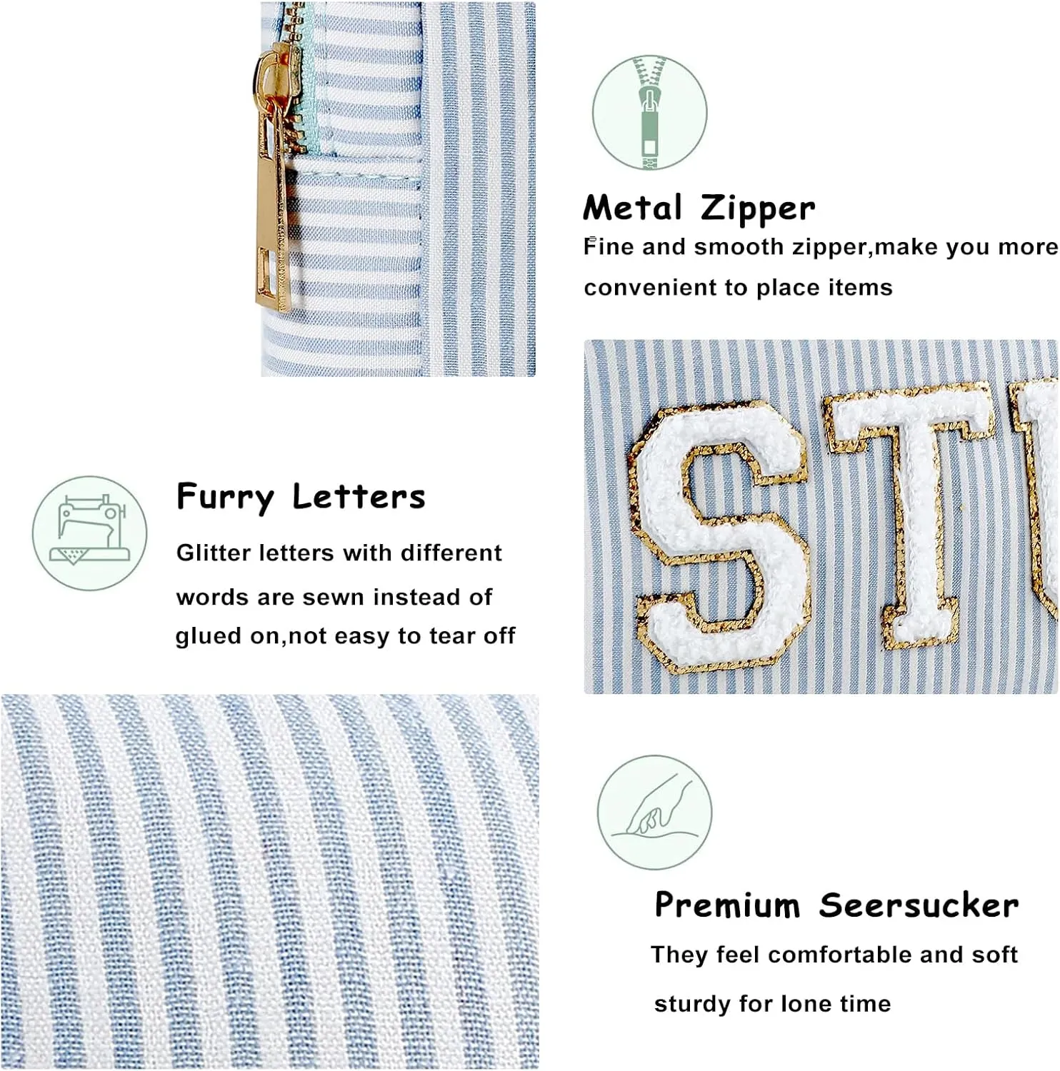 uekeboag Seersucker Chenille Letter Stuff Meds RX Makeup Bag, Travel Washable Purse Organizer with Zipper, Lightweight Toiletry Cute Personalized Preppy Cosmetic Bag For Women and Girls(03Blue Meds)